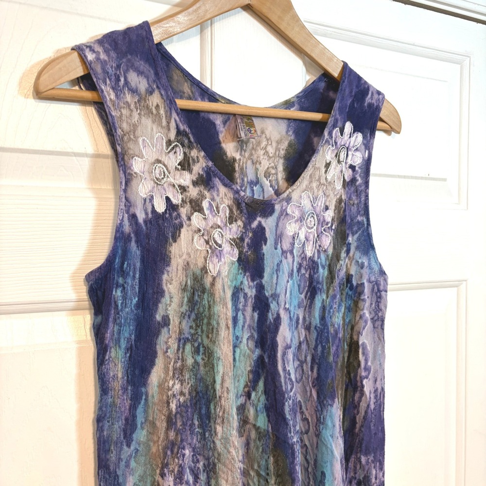 India Boutique Purple Blue Tie Dye Embroidered Sleeveless Boho Tunic Dress OS